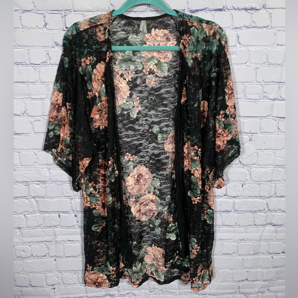 Vanity Womens Sheer Lace Floral Cardigan Black Pink XL Whimsigoth Fairy Grunge